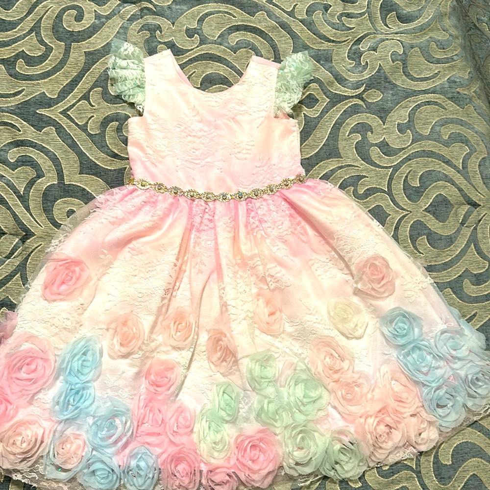 Girl - Size 5 Glitter, lace soutache dress with flutter sleeves